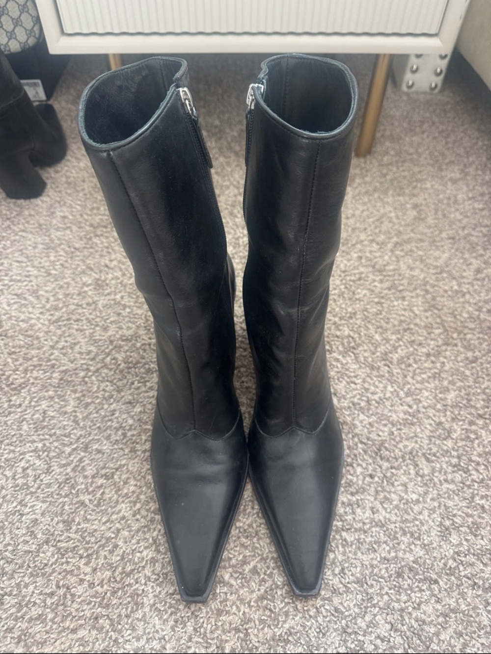 SCHUTZ Black Pointed-Toe Mid-Calf Leather Boots
